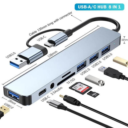 USB C 8 in 1 Adapter, USB Extender with 4 USB Ports, USB Hub SD/TF Card Reader, Multiport Adapter for Smartphone, Laptop, Ipad Pro, Switch