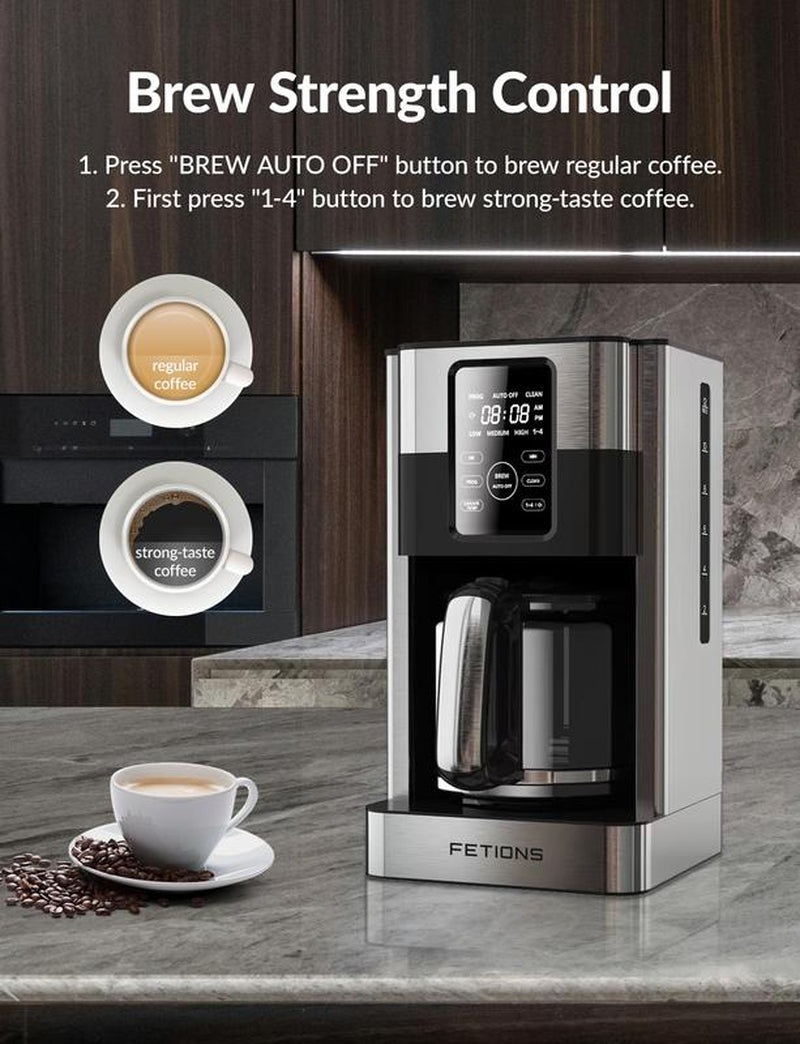 Programmable Stainless Steel Drip Coffee Maker with Timer, 12-Cup Glass Carafe for Home Office, LED Screen, Auto Shut-Off, Anti-Drip System, Reusable Filter