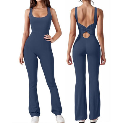 Women'S Plain Cut Out Sports Jumpsuit, Sporty Square Neck Ruched Flare Leg Jumpsuit, Sports Fitness Bodysuit Jumpsuit for Women, Ladies Sportswear, Gym Clothes, Ladies Clothes, Tight Hoodie Minimalistic Outfit, Romper Clothing Comfortable Gym Outfit