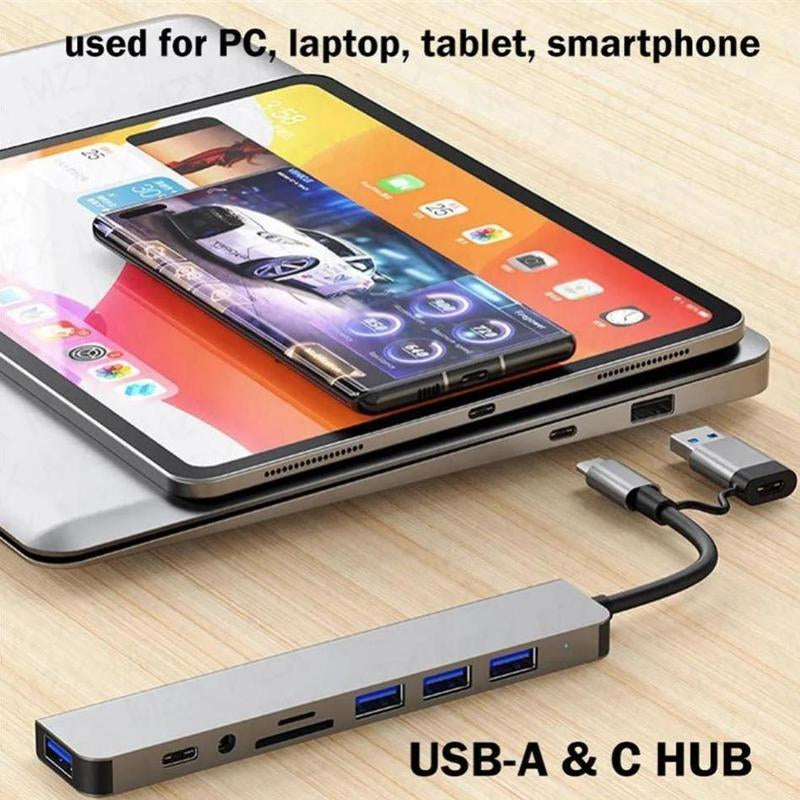 USB C 8 in 1 Adapter, USB Extender with 4 USB Ports, USB Hub SD/TF Card Reader, Multiport Adapter for Smartphone, Laptop, Ipad Pro, Switch