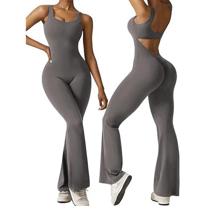 Women'S Plain Cut Out Sports Jumpsuit, Sporty Square Neck Ruched Flare Leg Jumpsuit, Sports Fitness Bodysuit Jumpsuit for Women, Ladies Sportswear, Gym Clothes, Ladies Clothes, Tight Hoodie Minimalistic Outfit, Romper Clothing Comfortable Gym Outfit