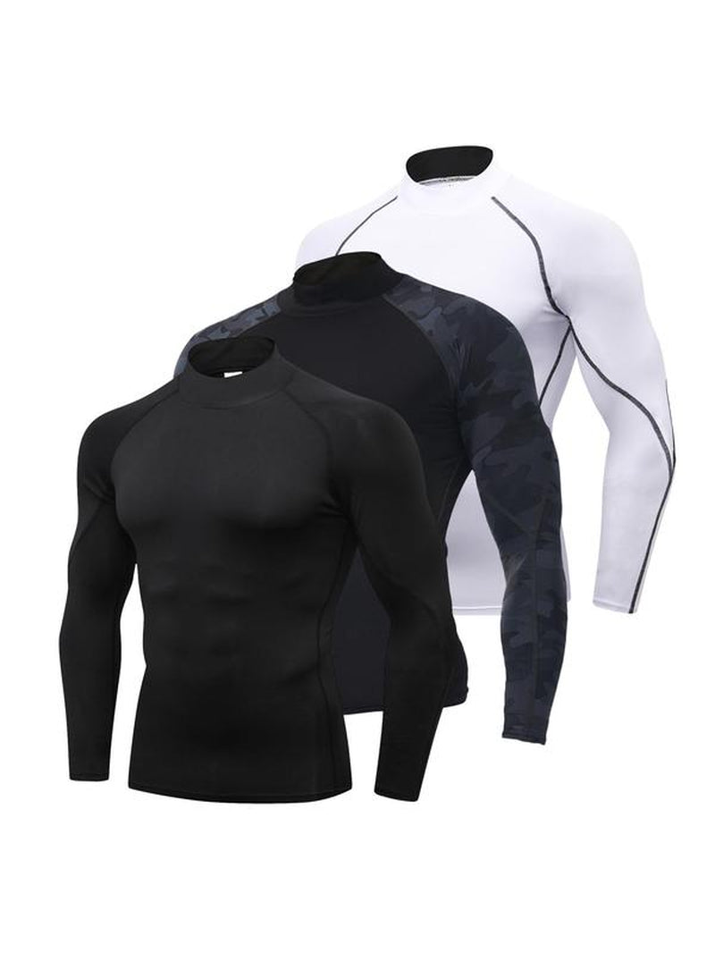 Men'S Mock Neck Compression Shirt, Solid Long Sleeve Sports T-Shirt, Gym Clothing, Mens Clothing, Gym Tops, Casual Back to School Sporty Top for Basketball Football Running, Gym Clothing Men