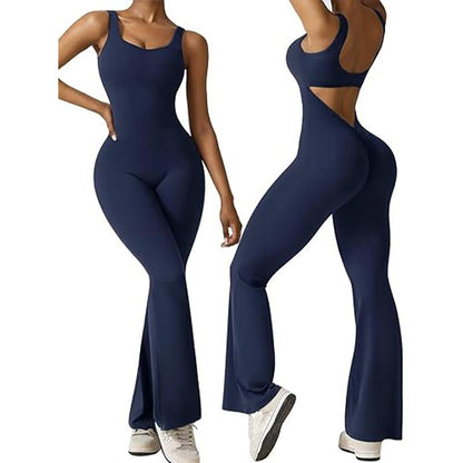 Women'S Plain Cut Out Sports Jumpsuit, Sporty Square Neck Ruched Flare Leg Jumpsuit, Sports Fitness Bodysuit Jumpsuit for Women, Ladies Sportswear, Gym Clothes, Ladies Clothes, Tight Hoodie Minimalistic Outfit, Romper Clothing Comfortable Gym Outfit