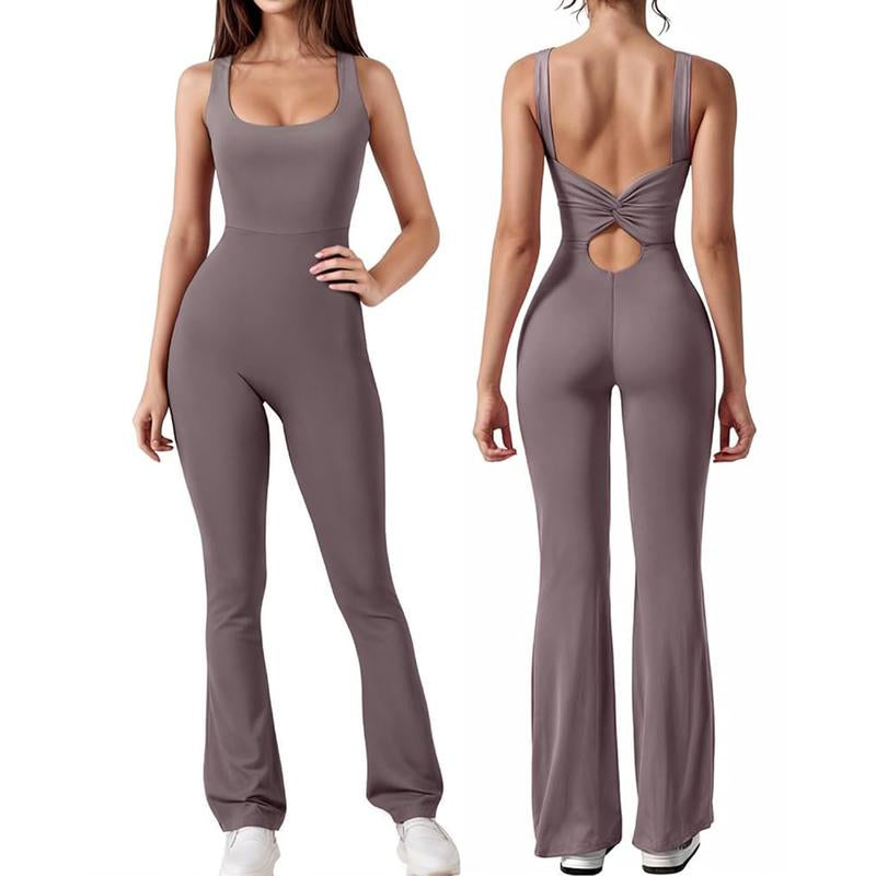 Women'S Plain Cut Out Sports Jumpsuit, Sporty Square Neck Ruched Flare Leg Jumpsuit, Sports Fitness Bodysuit Jumpsuit for Women, Ladies Sportswear, Gym Clothes, Ladies Clothes, Tight Hoodie Minimalistic Outfit, Romper Clothing Comfortable Gym Outfit