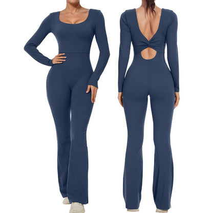 Women'S Plain Cut Out Sports Jumpsuit, Sporty Square Neck Ruched Flare Leg Jumpsuit, Sports Fitness Bodysuit Jumpsuit for Women, Ladies Sportswear, Gym Clothes, Ladies Clothes, Tight Hoodie Minimalistic Outfit, Romper Clothing Comfortable Gym Outfit