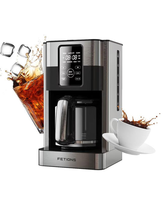 Programmable Stainless Steel Drip Coffee Maker with Timer, 12-Cup Glass Carafe for Home Office, LED Screen, Auto Shut-Off, Anti-Drip System, Reusable Filter