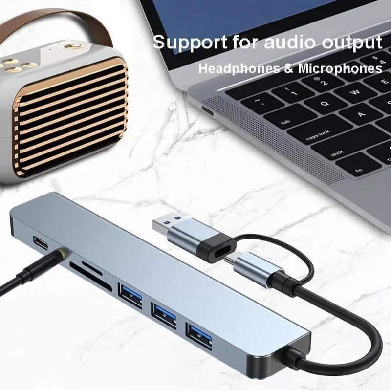 USB C 8 in 1 Adapter, USB Extender with 4 USB Ports, USB Hub SD/TF Card Reader, Multiport Adapter for Smartphone, Laptop, Ipad Pro, Switch