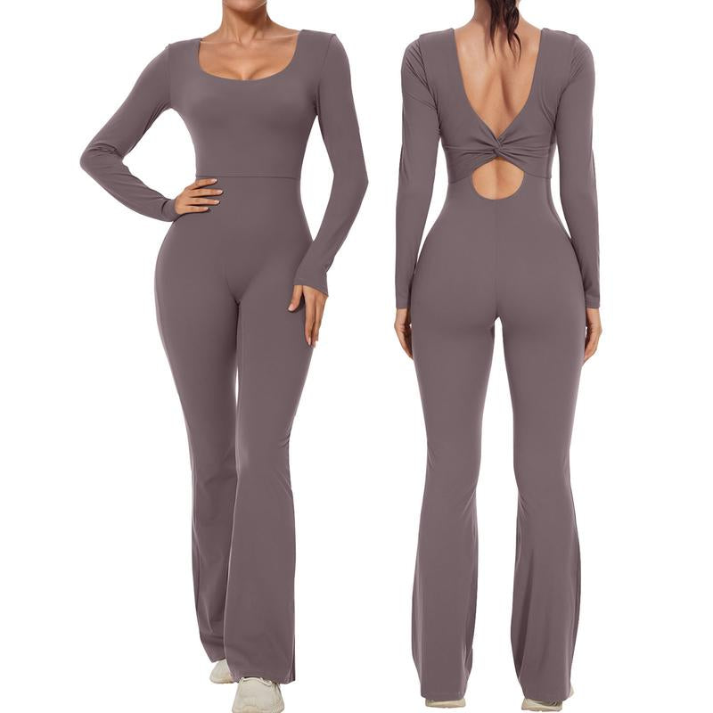 Women'S Plain Cut Out Sports Jumpsuit, Sporty Square Neck Ruched Flare Leg Jumpsuit, Sports Fitness Bodysuit Jumpsuit for Women, Ladies Sportswear, Gym Clothes, Ladies Clothes, Tight Hoodie Minimalistic Outfit, Romper Clothing Comfortable Gym Outfit