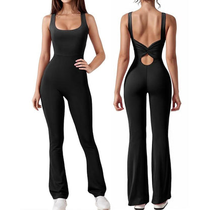 Women'S Plain Cut Out Sports Jumpsuit, Sporty Square Neck Ruched Flare Leg Jumpsuit, Sports Fitness Bodysuit Jumpsuit for Women, Ladies Sportswear, Gym Clothes, Ladies Clothes, Tight Hoodie Minimalistic Outfit, Romper Clothing Comfortable Gym Outfit