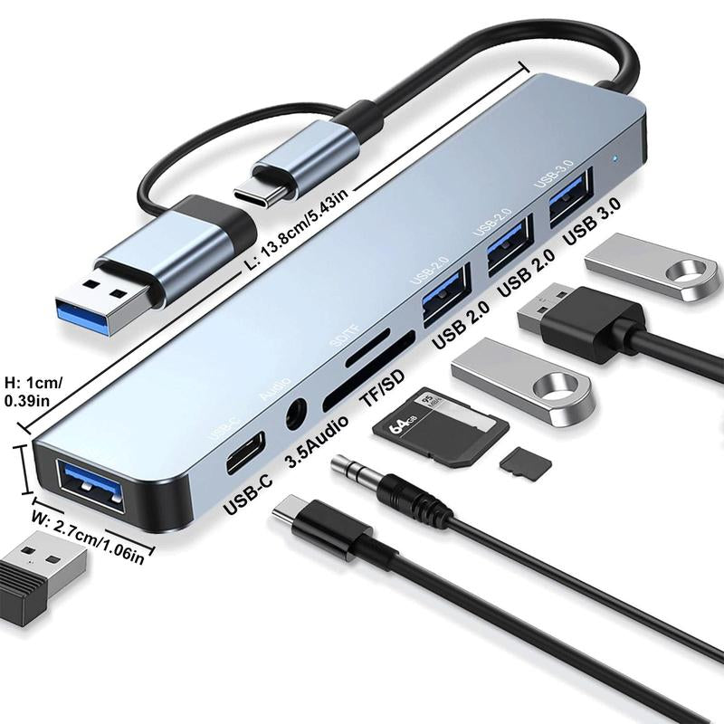 USB C 8 in 1 Adapter, USB Extender with 4 USB Ports, USB Hub SD/TF Card Reader, Multiport Adapter for Smartphone, Laptop, Ipad Pro, Switch