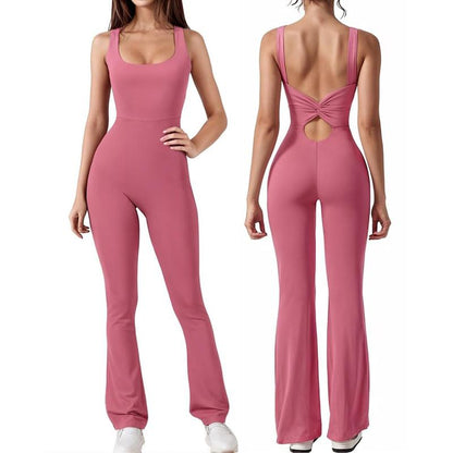 Women'S Plain Cut Out Sports Jumpsuit, Sporty Square Neck Ruched Flare Leg Jumpsuit, Sports Fitness Bodysuit Jumpsuit for Women, Ladies Sportswear, Gym Clothes, Ladies Clothes, Tight Hoodie Minimalistic Outfit, Romper Clothing Comfortable Gym Outfit