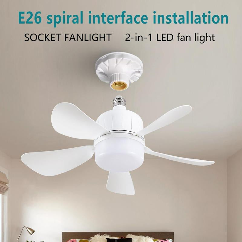 16.53" Dimmable LED Socket Fan Light, Small Ceiling Fan with Light and Remote, Screw-In for E27 Base, 6 White Blades for Bedroom, Kitchen, Small Rooms