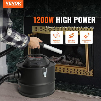 VEVOR Ash Vacuum Cleaner, 4 Gallon with 1200W Powerful Suction, Ash Vac Collector with 47.2 in Flexible Hose, for Fireplaces, Log Burner, Grills, Pellet Stoves, Wood Stove, Pizza Ovens, Fire Pits