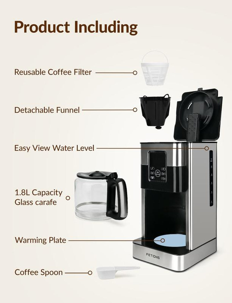 Programmable Stainless Steel Drip Coffee Maker with Timer, 12-Cup Glass Carafe for Home Office, LED Screen, Auto Shut-Off, Anti-Drip System, Reusable Filter