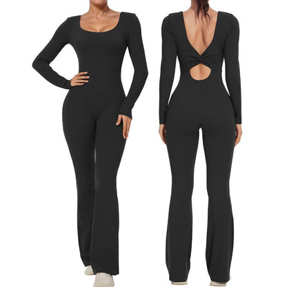 Women'S Plain Cut Out Sports Jumpsuit, Sporty Square Neck Ruched Flare Leg Jumpsuit, Sports Fitness Bodysuit Jumpsuit for Women, Ladies Sportswear, Gym Clothes, Ladies Clothes, Tight Hoodie Minimalistic Outfit, Romper Clothing Comfortable Gym Outfit