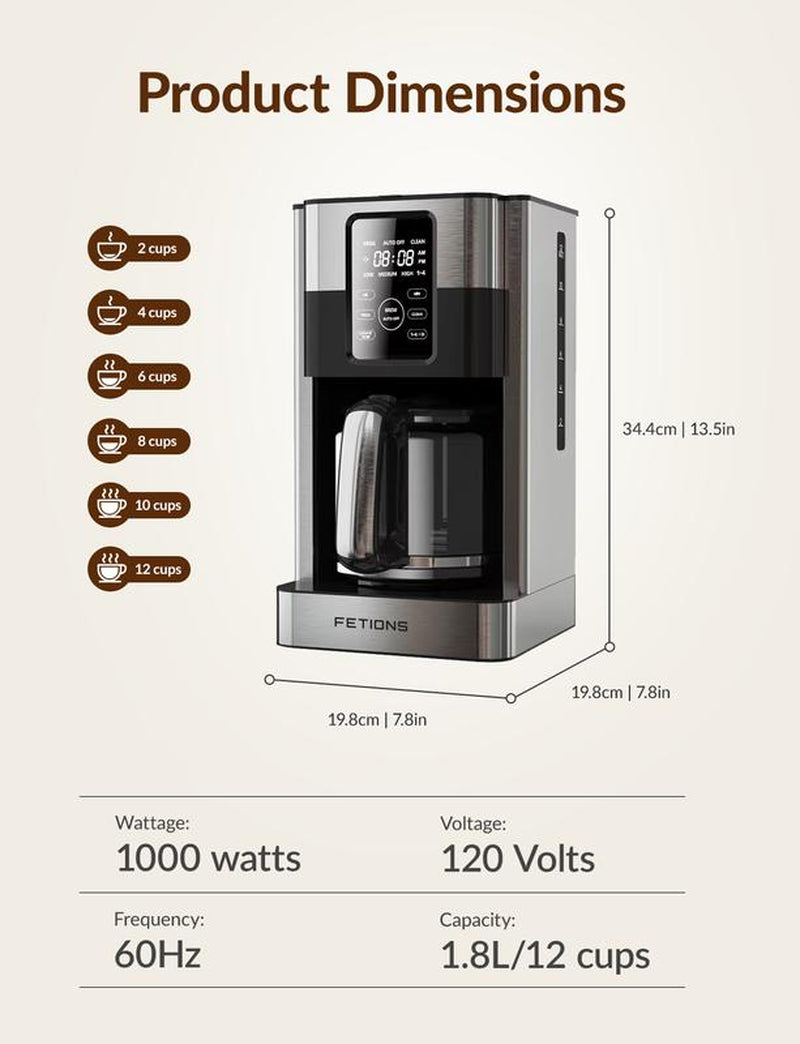 Programmable Stainless Steel Drip Coffee Maker with Timer, 12-Cup Glass Carafe for Home Office, LED Screen, Auto Shut-Off, Anti-Drip System, Reusable Filter