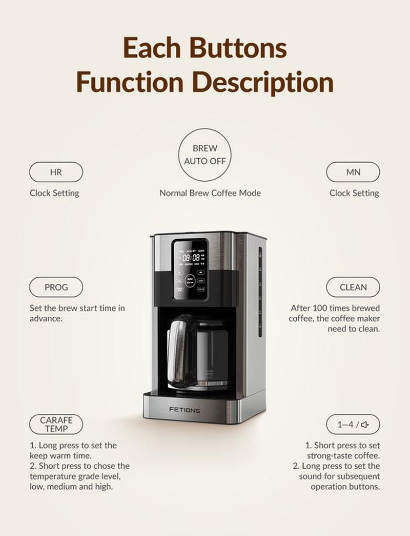 Programmable Stainless Steel Drip Coffee Maker with Timer, 12-Cup Glass Carafe for Home Office, LED Screen, Auto Shut-Off, Anti-Drip System, Reusable Filter